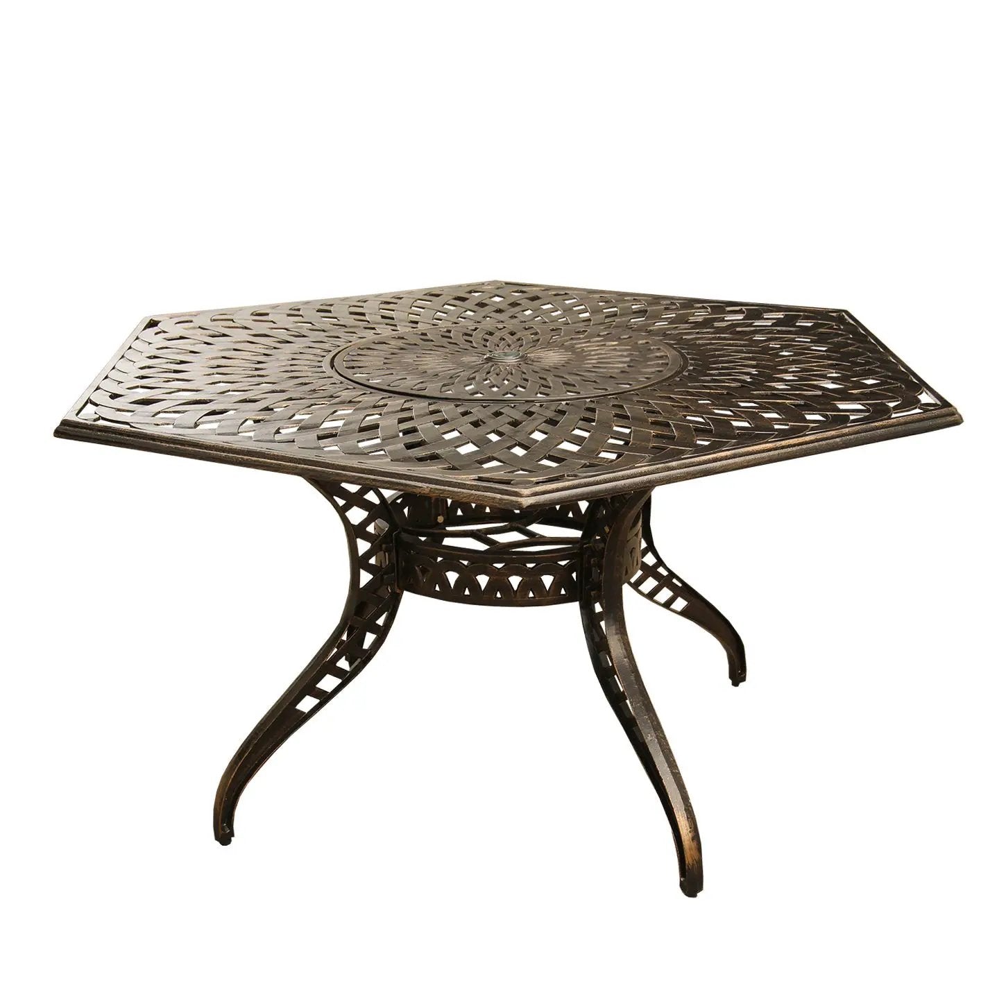 Outdoor Modern Aluminum 63-in Hexagon Patio Dining Table, Lazy Susan by Sharicks
