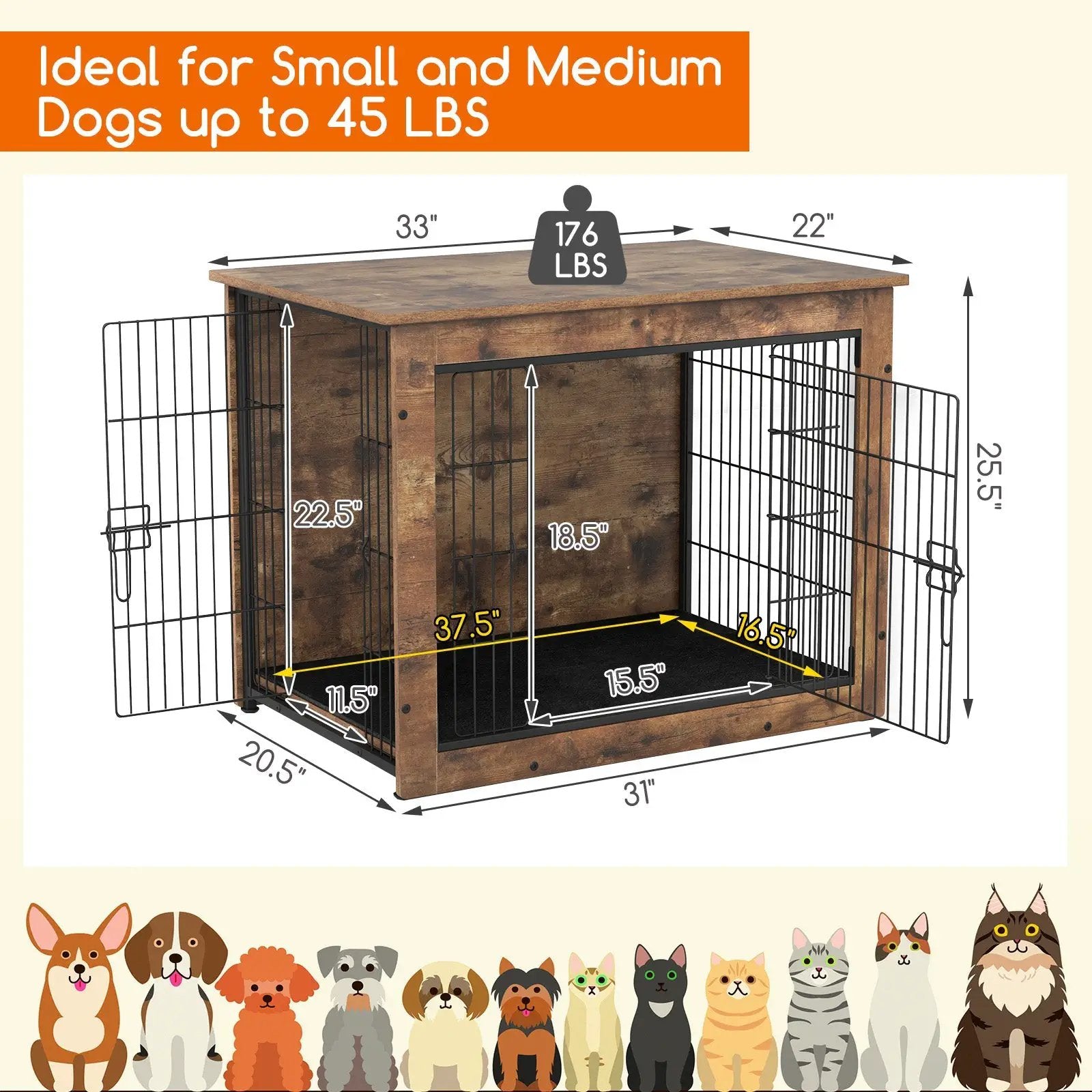 Dog Crate Furniture with Cushion and Double Doors for Small/Medium Dogs by DirectDeals