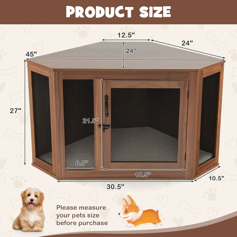 Corner Dog Kennel with Mesh Door and Cushion-Brown by DirectDeals