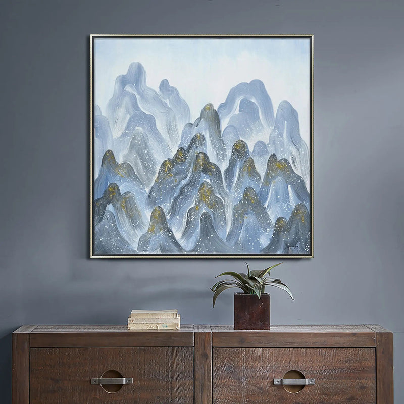 Hand Painted Acrylic Wall Art Blue Mountains on a 39 x 39 Square Canvas with a Silver Wooden Frame by Sharicks
