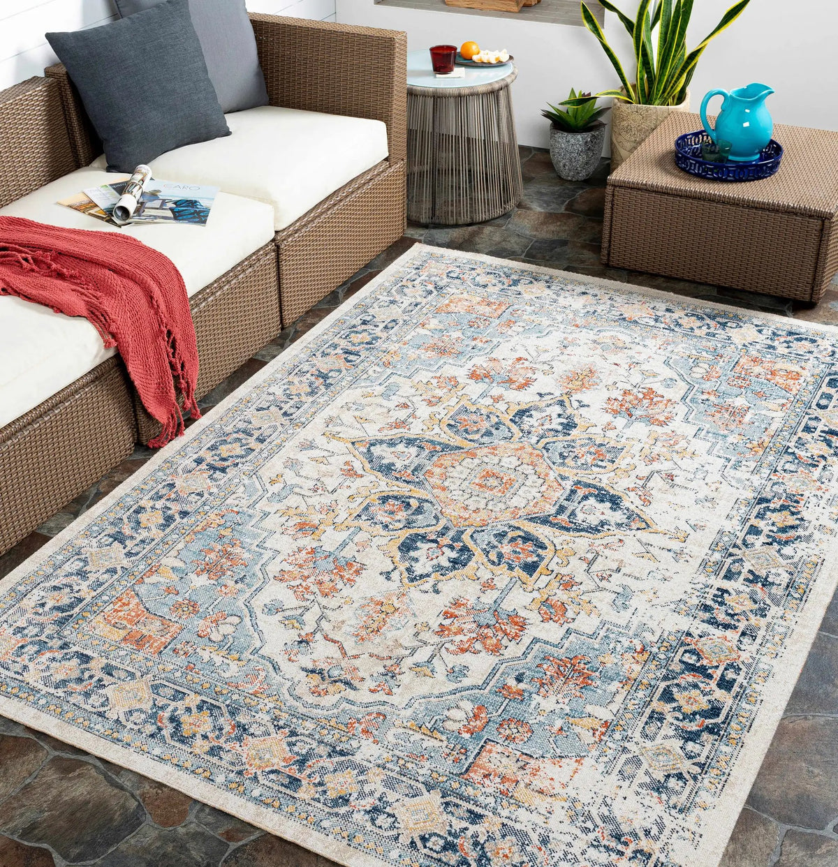 Dorval Traditional Outdoor Rug, installed in a room