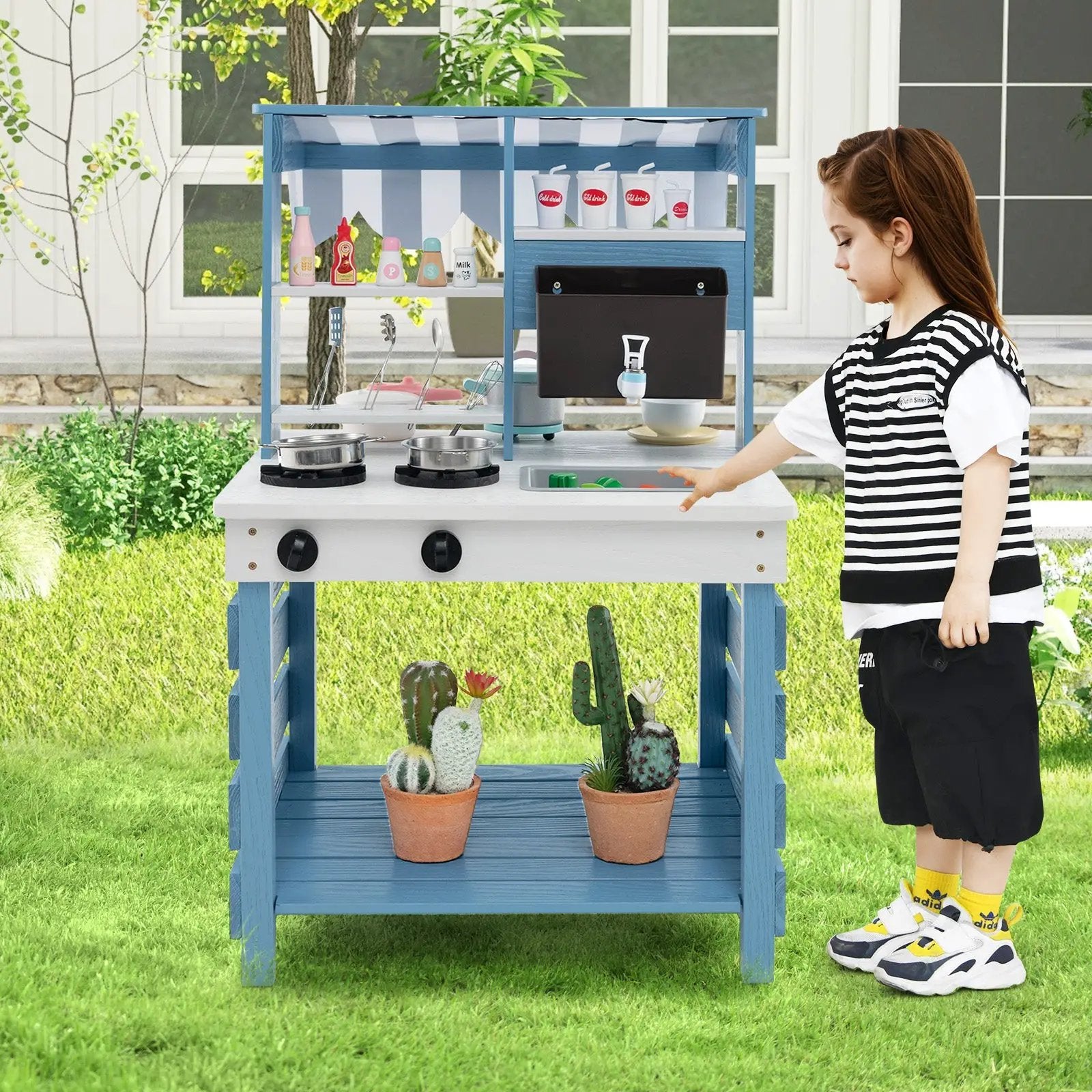 Double-sided Wooden Play Kitchen and Grocery Stand with Stoves for Kids 3+ Years Old by DirectDeals