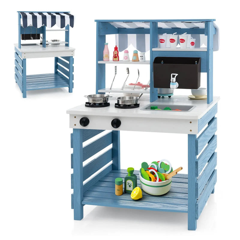 Double-sided Wooden Play Kitchen and Grocery Stand with Stoves for Kids 3+ Years Old by DirectDeals