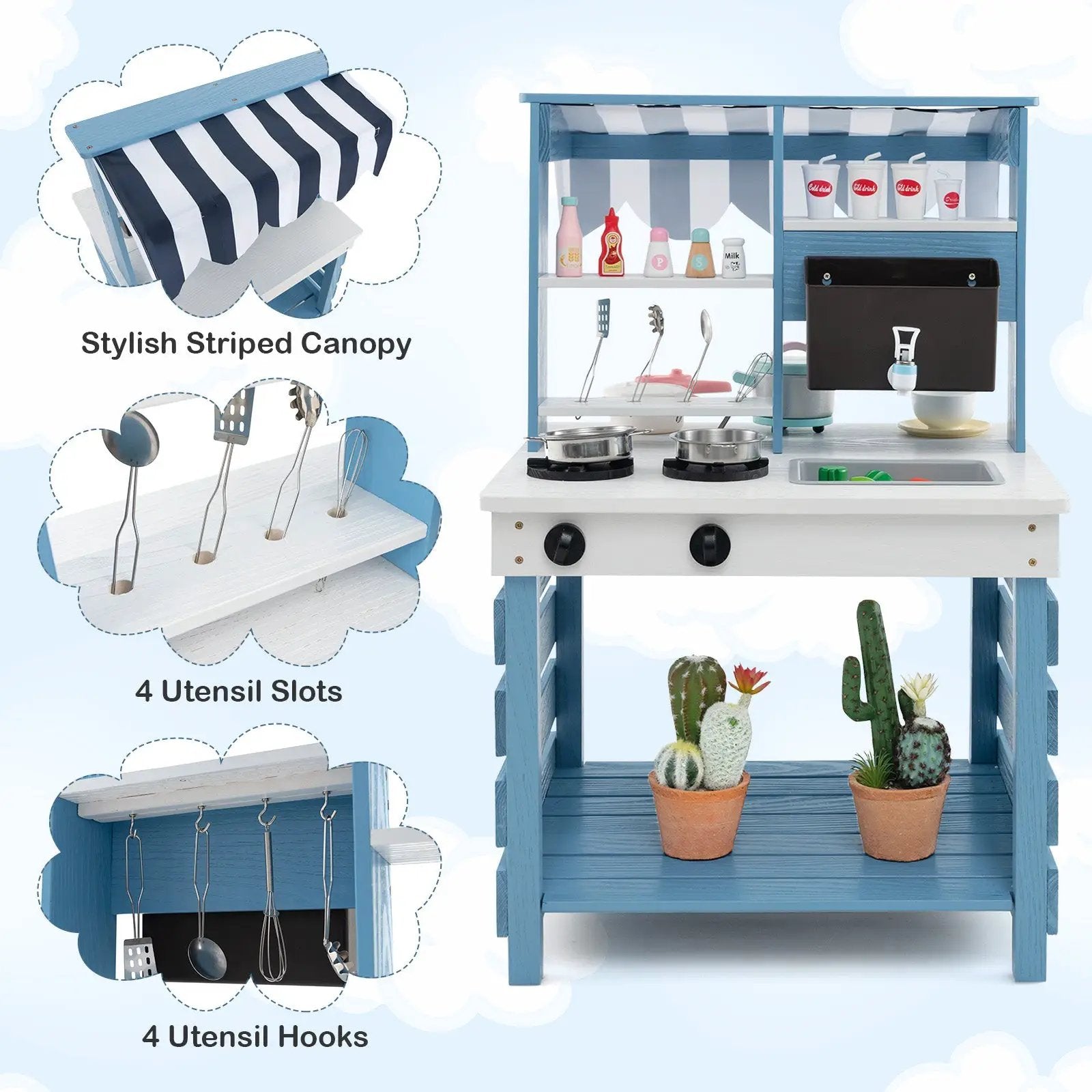 Double-sided Wooden Play Kitchen and Grocery Stand with Stoves for Kids 3+ Years Old by DirectDeals