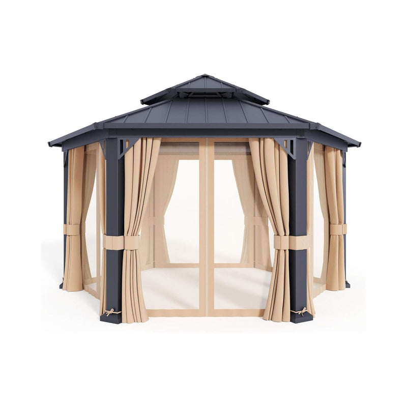 [13X15FT] Alora Double-Tier Hexagonal Metal Hardtop Patio Gazebo With Curtains (SAK84137) by SAKSBY WHOLESALE