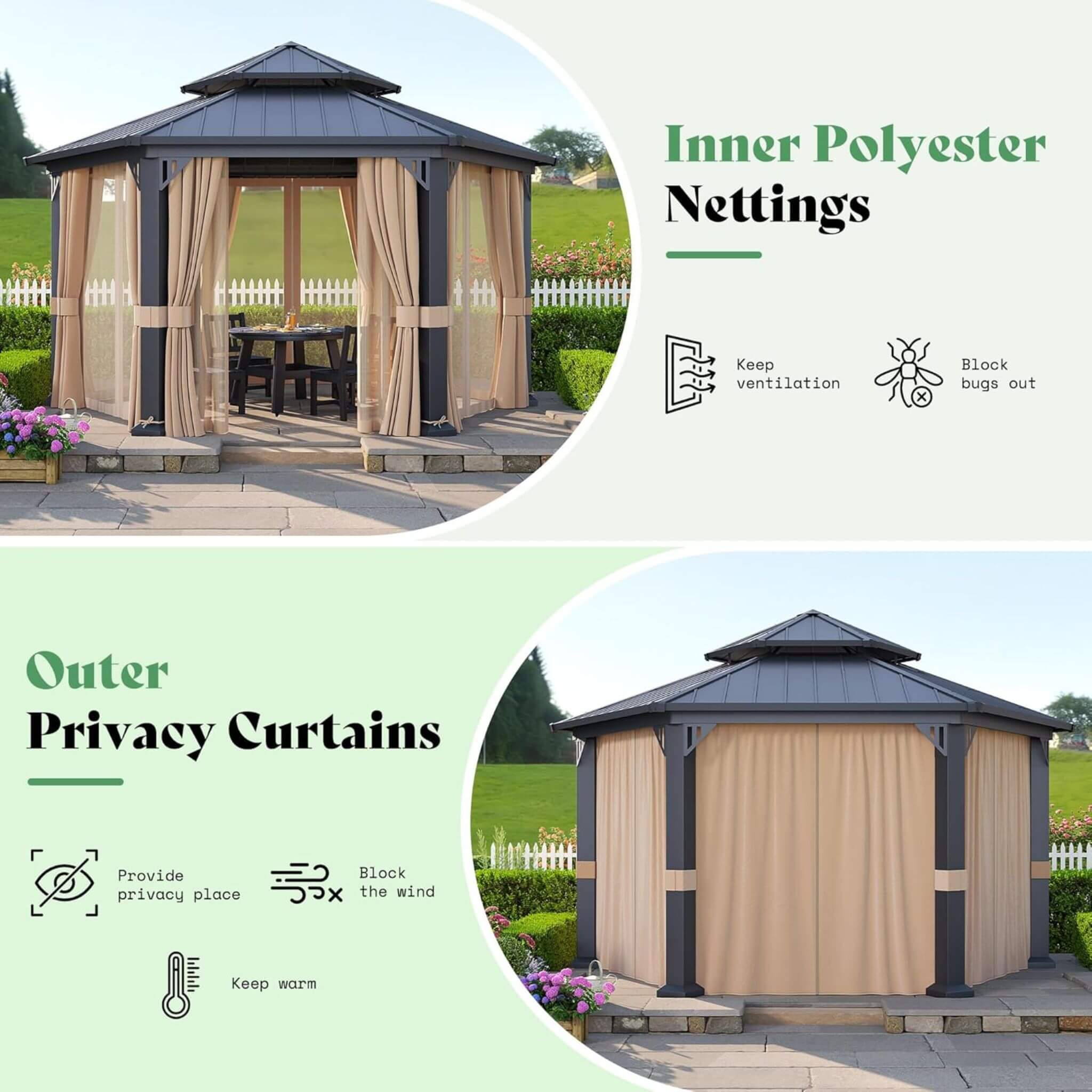 [13X15FT] Alora Double-Tier Hexagonal Metal Hardtop Patio Gazebo With Curtains (SAK84137) by SAKSBY WHOLESALE