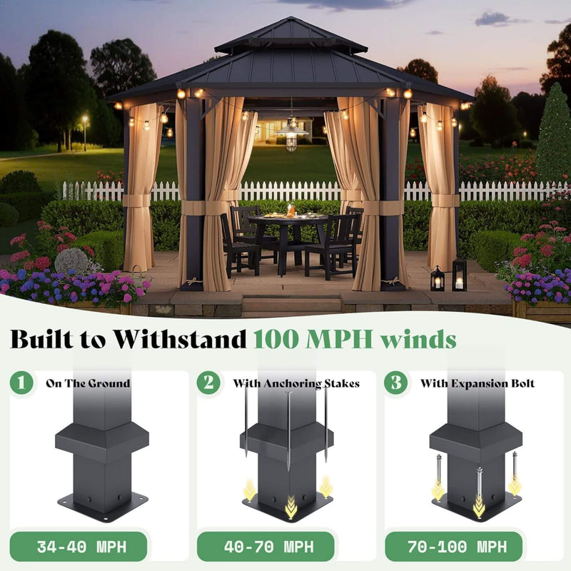[13X15FT] Alora Double-Tier Hexagonal Metal Hardtop Patio Gazebo With Curtains (SAK84137) by SAKSBY WHOLESALE