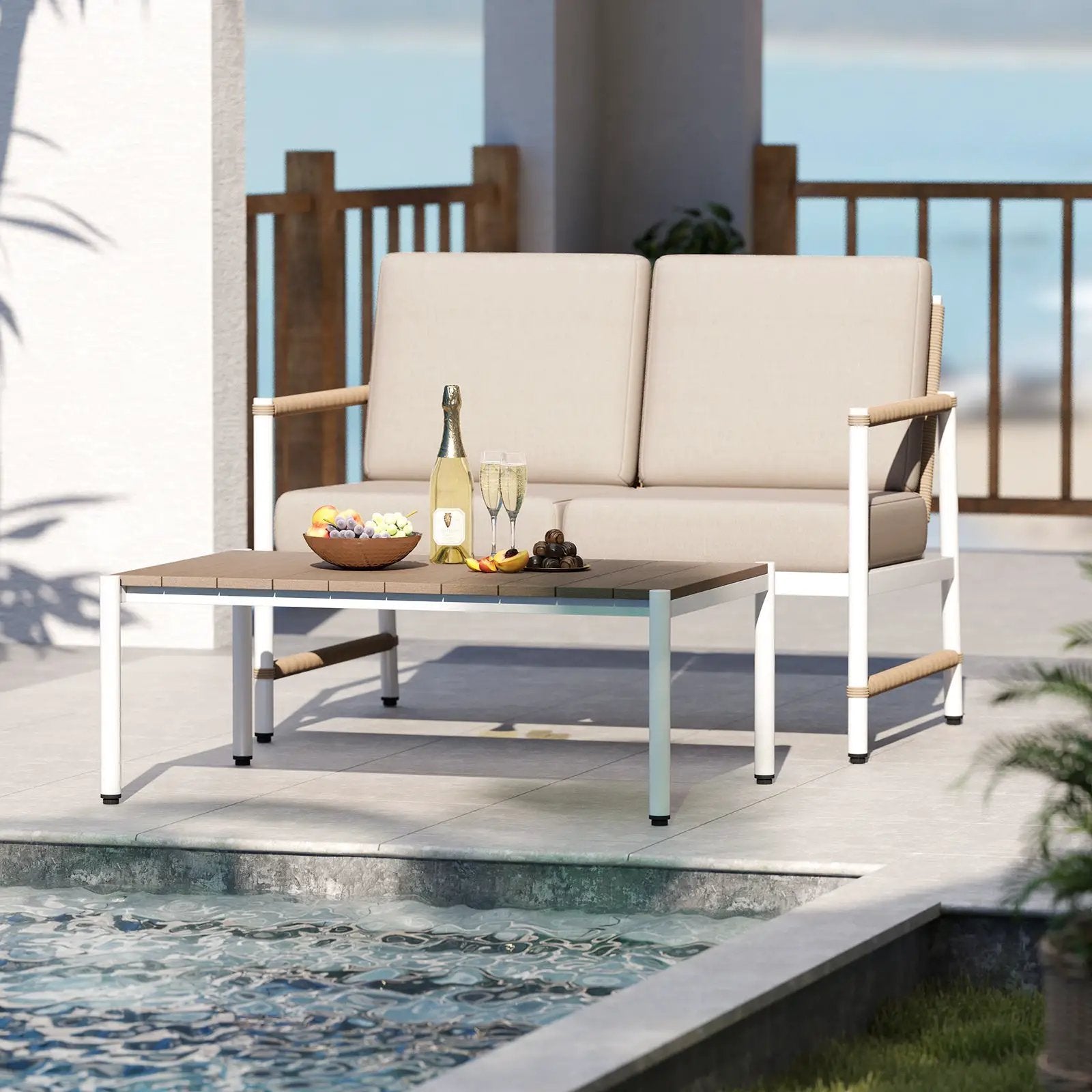 Patio Loveseat Sofa with Coffee Table Set with Thick Cushions by DirectDeals