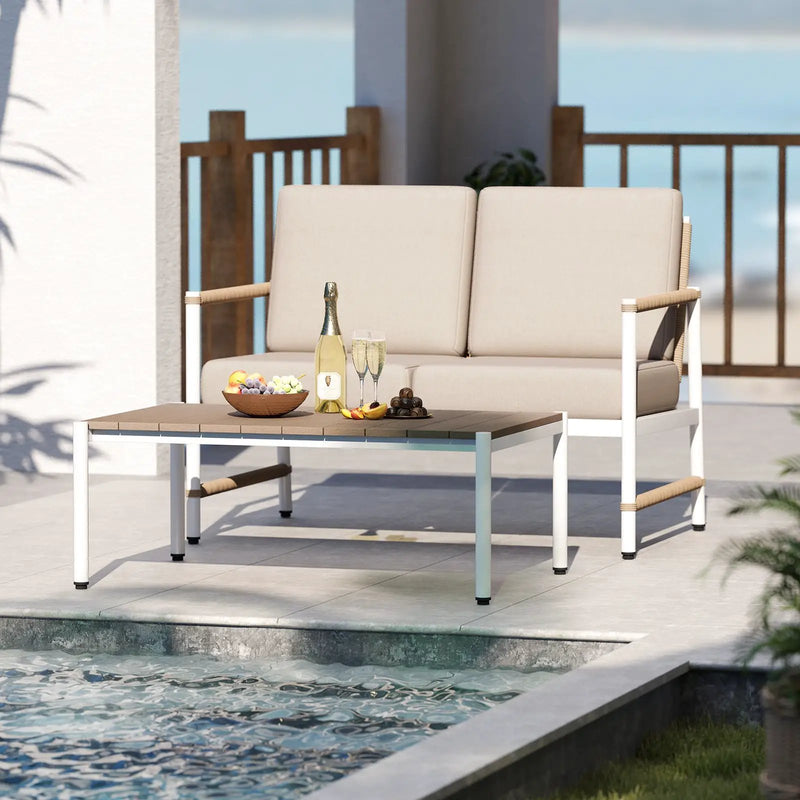 Patio Loveseat Sofa with Coffee Table Set with Thick Cushions by DirectDeals