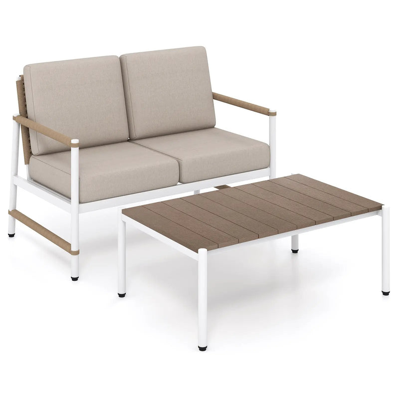 Patio Loveseat Sofa with Coffee Table Set with Thick Cushions by DirectDeals