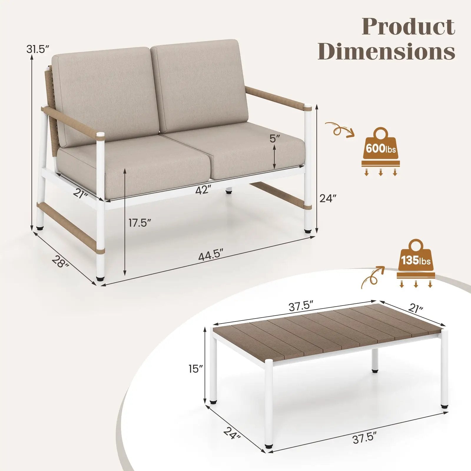 Patio Loveseat Sofa with Coffee Table Set with Thick Cushions by DirectDeals