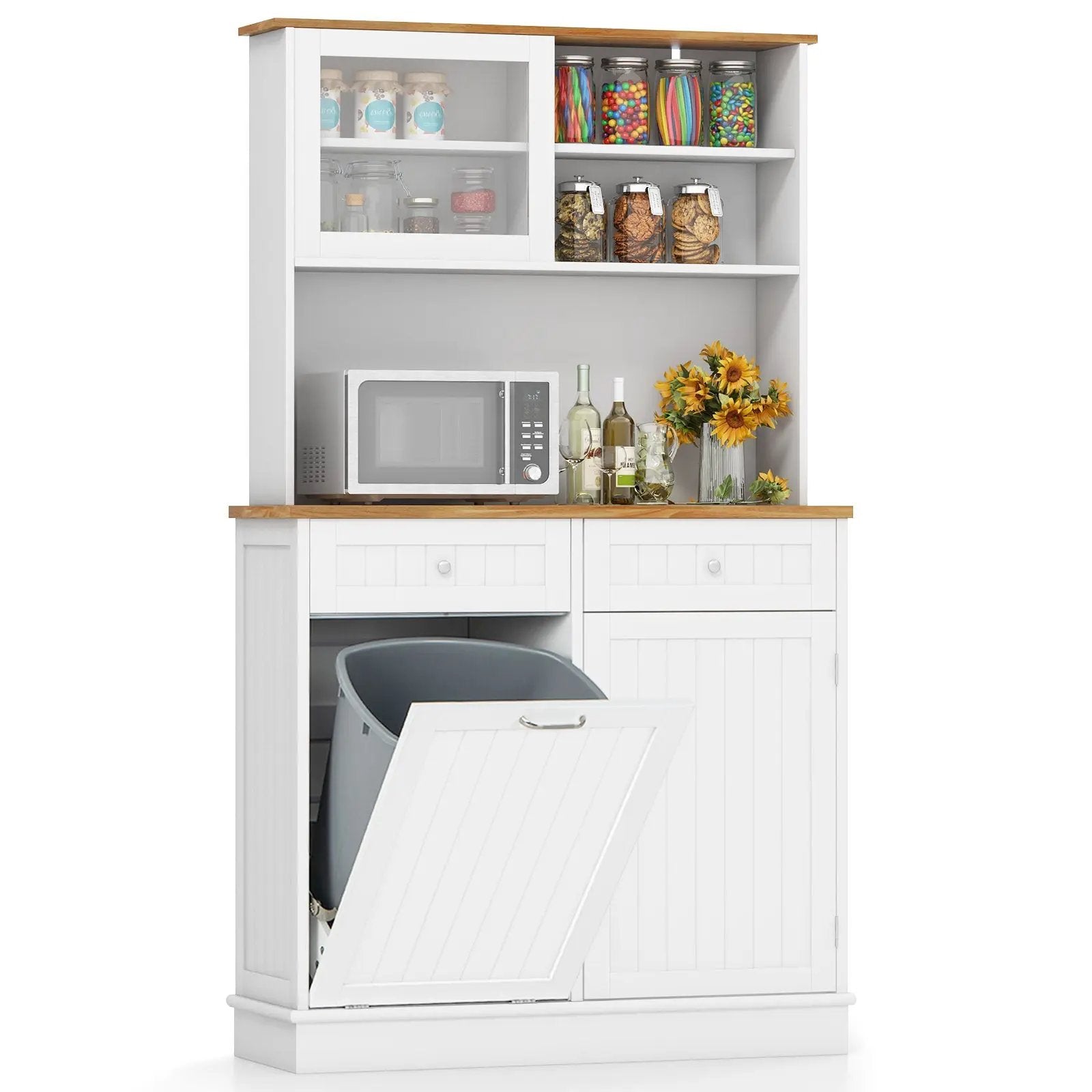 Double Tilt Out Trash Cabinet with Hutch and Rubber Wood Countertop by DirectDeals