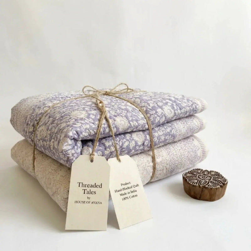 House of Avana Cream & Sage Green Floral Jaipur Indian Hand Block Print Quilted Comforter by House Of Avana