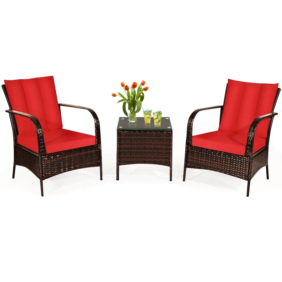 3 Pcs Patio Conversation Rattan Furniture Set with Glass Top Coffee Table and Cushions by DirectDeals
