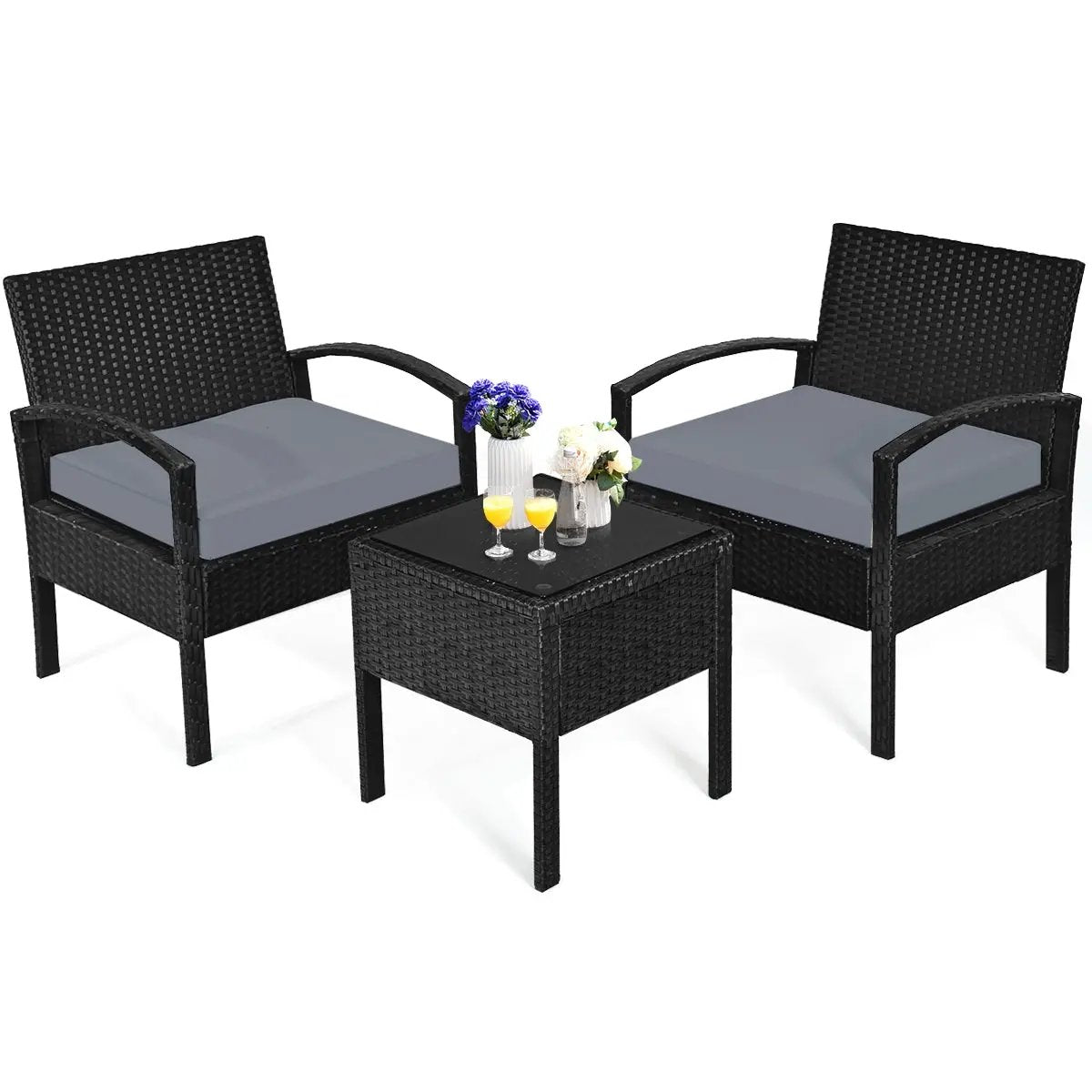3 Pieces Outdoor Rattan Patio Conversation Set with Seat Cushions, photo 4 of 11