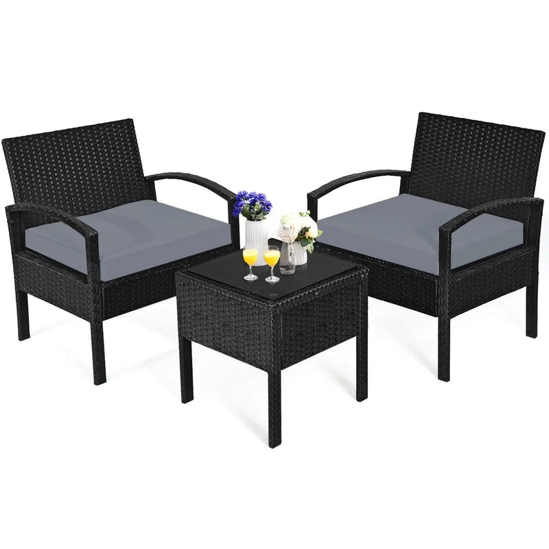 3 Pieces Outdoor Rattan Patio Conversation Set with Seat Cushions by DirectDeals