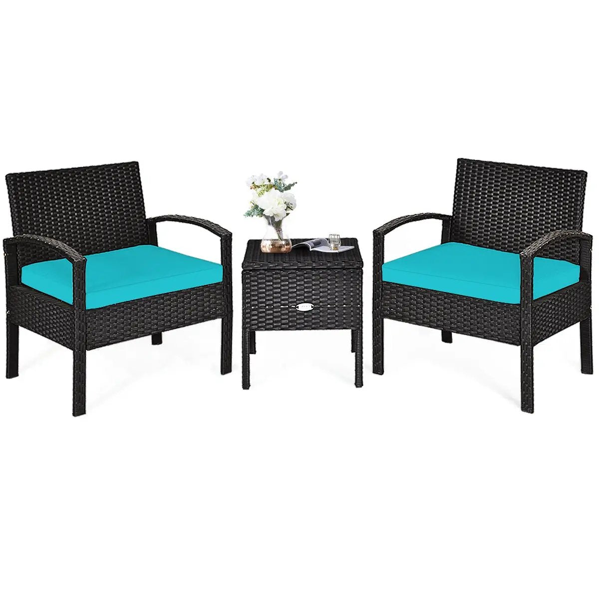 3 Piece PE Rattan Wicker Sofa Set with Washable and Removable Cushion for Patio-Turquoise by DirectDeals