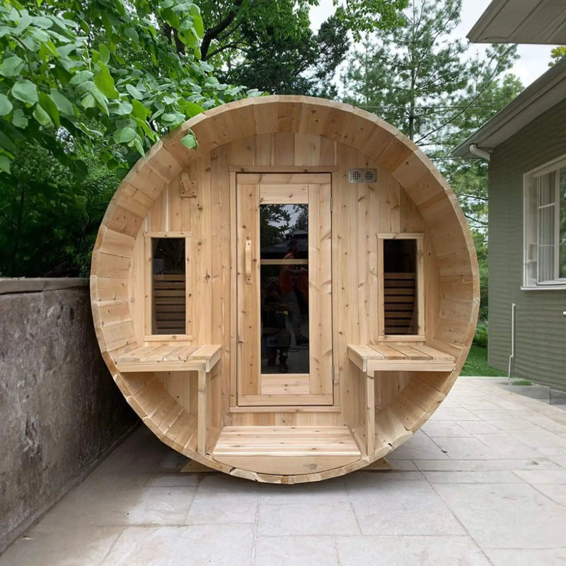 Dundalk Leisurecraft 6-Person Canadian Timber Tranquility Barrel Sauna With Front Porch [CTC2345W] (SAK96814) by SAKSBY WHOLESALE