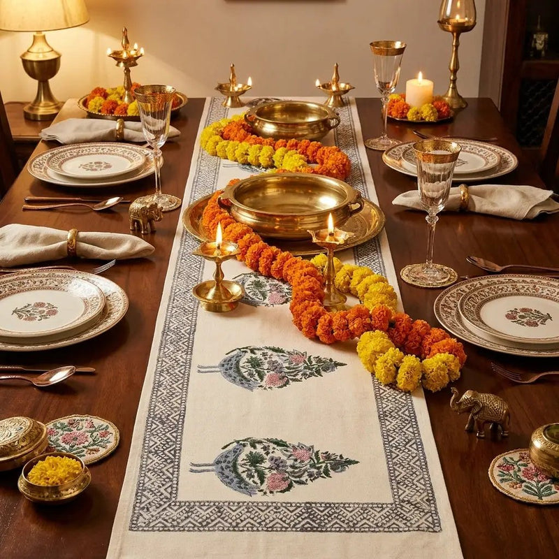 Dusty Blue & Rose Bird Motif Table Linen Set – 13 Piece | Hand Block Printed Cotton | Runner, Placemats & Napkins by House Of Avana