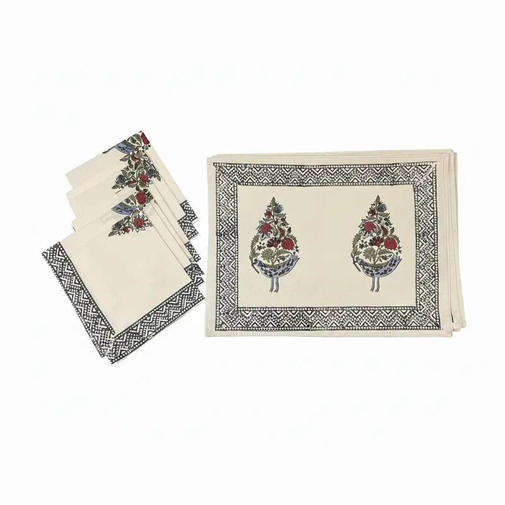 Dusty Blue & Rose Bird Motif Table Linen Set – 13 Piece | Hand Block Printed Cotton | Runner, Placemats & Napkins by House Of Avana