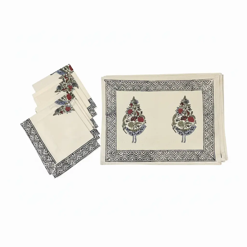 Dusty Blue & Rose Bird Motif Table Linen Set – 13 Piece | Hand Block Printed Cotton | Runner, Placemats & Napkins by House Of Avana