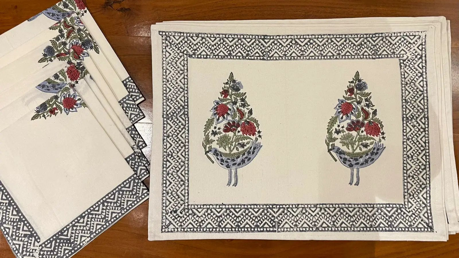 Dusty Blue & Rose Bird Motif Table Linen Set – 13 Piece | Hand Block Printed Cotton | Runner, Placemats & Napkins by House Of Avana