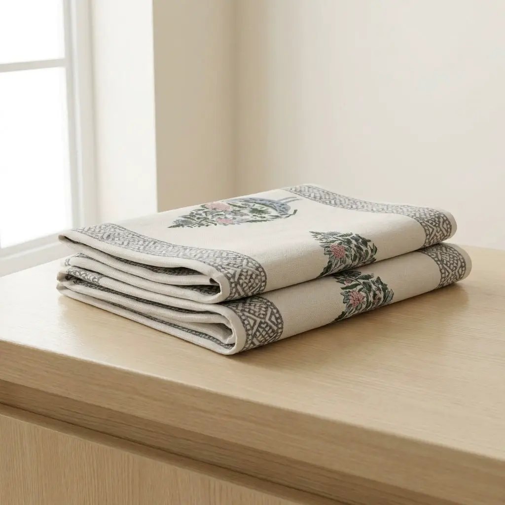 Dusty Blue & Rose Bird Motif Table Linen Set – 13 Piece | Hand Block Printed Cotton | Runner, Placemats & Napkins by House Of Avana