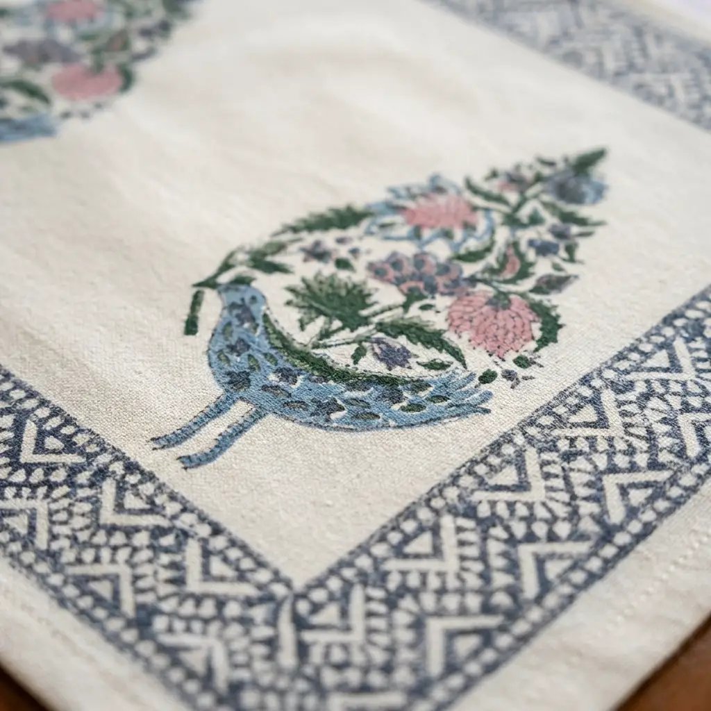 Dusty Blue & Rose Bird Motif Table Linen Set – 13 Piece | Hand Block Printed Cotton | Runner, Placemats & Napkins by House Of Avana