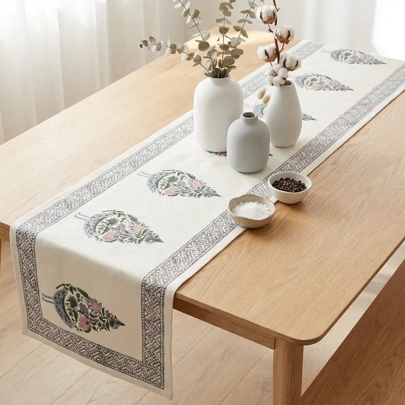 Dusty Blue & Rose Bird Motif Table Linen Set – 13 Piece | Hand Block Printed Cotton | Runner, Placemats & Napkins by House Of Avana