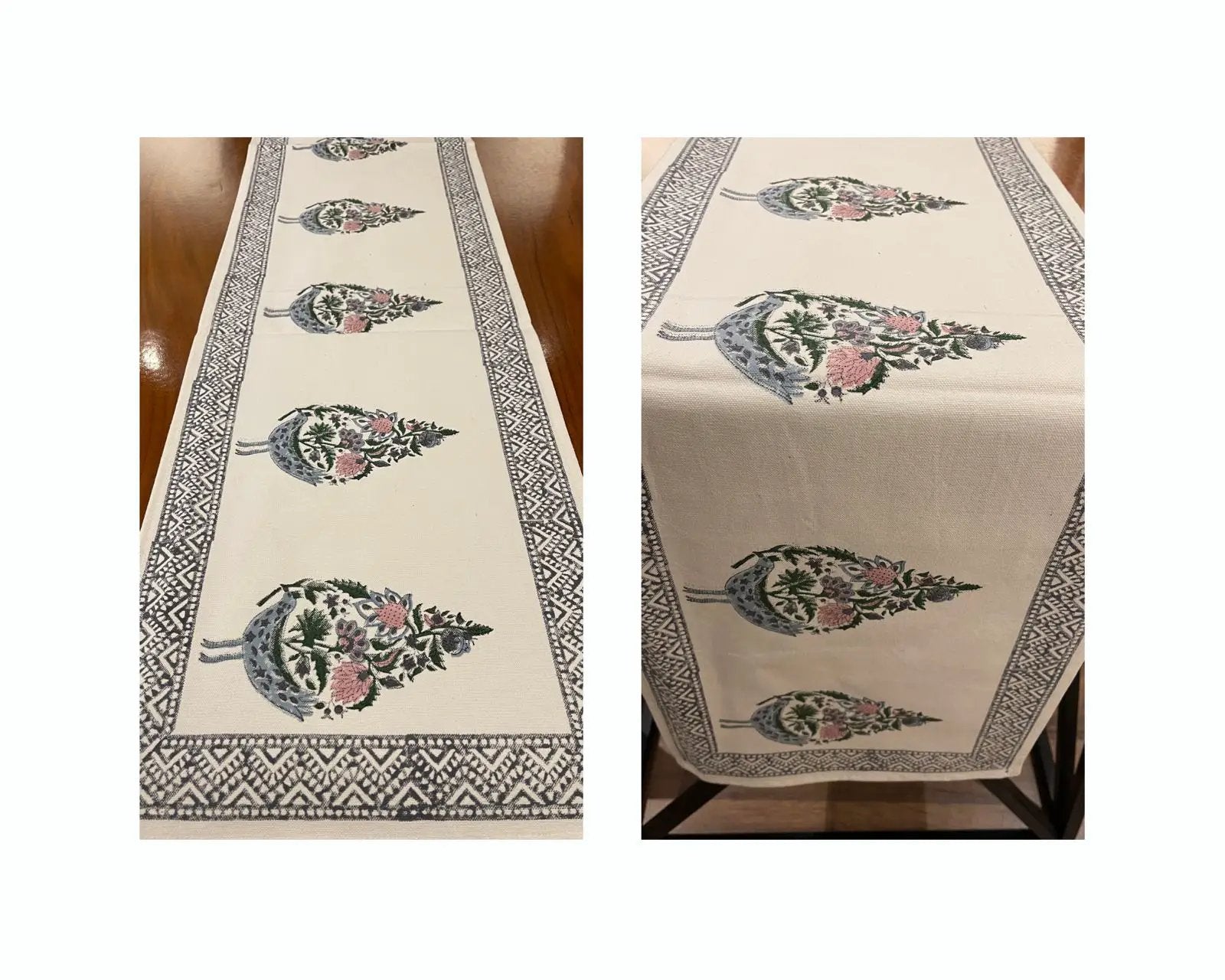 Dusty Blue & Rose Bird Motif Table Linen Set – 13 Piece | Hand Block Printed Cotton | Runner, Placemats & Napkins by House Of Avana