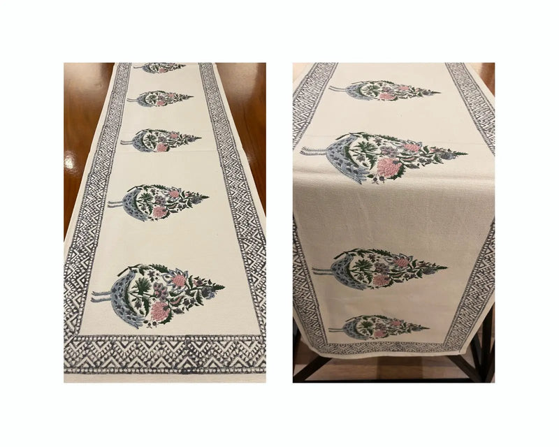Dusty Blue & Rose Bird Motif Table Linen Set – 13 Piece | Hand Block Printed Cotton | Runner, Placemats & Napkins by House Of Avana