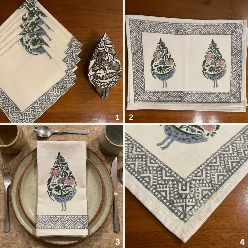Dusty Blue & Rose Bird Motif Table Linen Set – 13 Piece | Hand Block Printed Cotton | Runner, Placemats & Napkins by House Of Avana