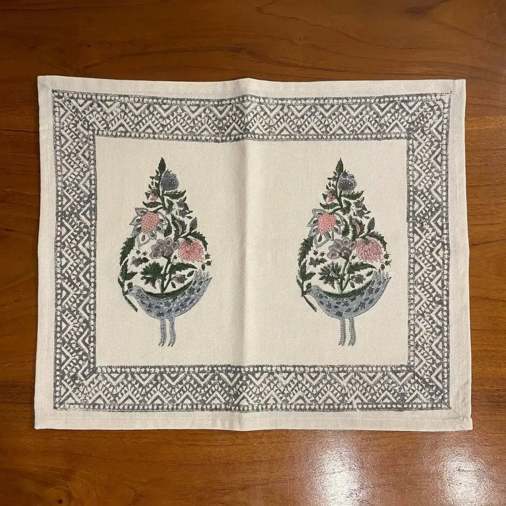 Dusty Blue & Rose Bird Motif Table Linen Set – 13 Piece | Hand Block Printed Cotton | Runner, Placemats & Napkins by House Of Avana