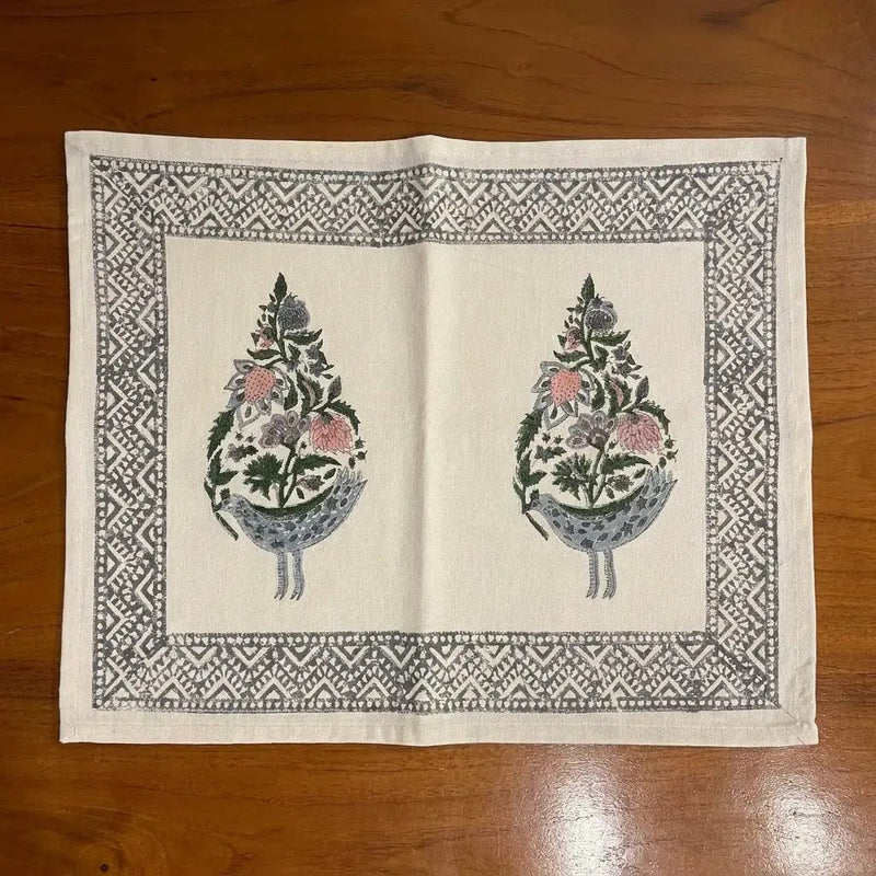 Dusty Blue & Rose Bird Motif Table Linen Set – 13 Piece | Hand Block Printed Cotton | Runner, Placemats & Napkins by House Of Avana