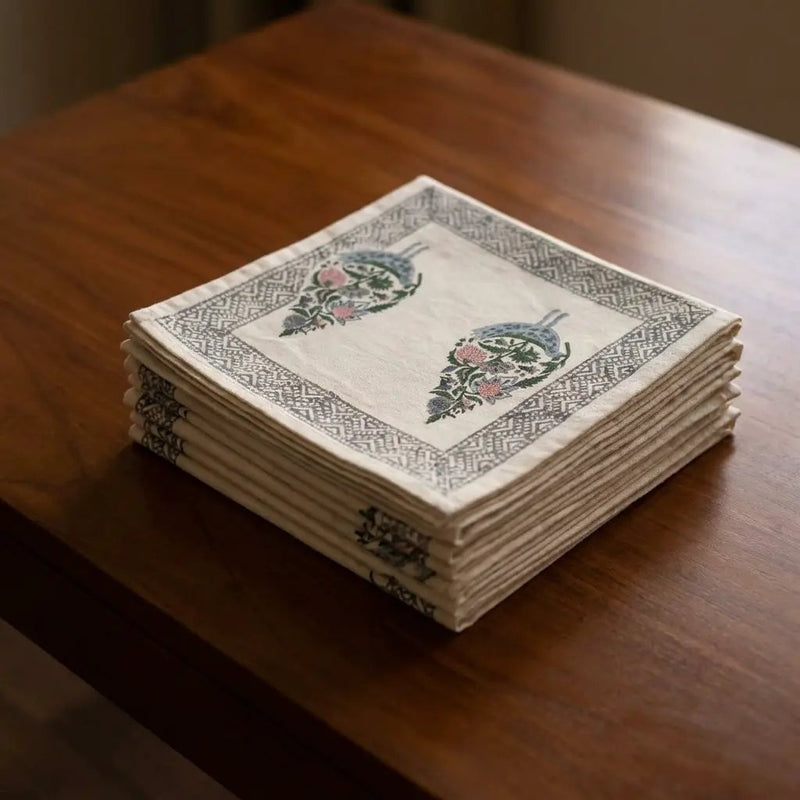 Dusty Blue & Rose Bird Motif Table Linen Set – 13 Piece | Hand Block Printed Cotton | Runner, Placemats & Napkins by House Of Avana