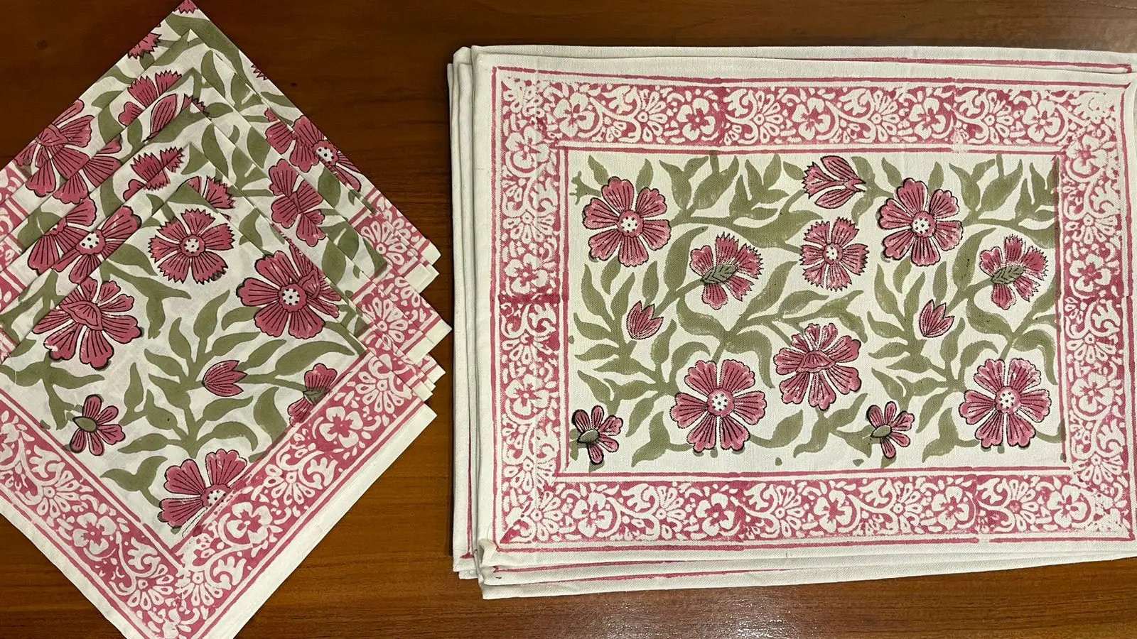 Dusty Rose & Sage Green All-Over Floral Table Linen Set – 13 Piece | Hand Block Printed Cotton | Runner, Placemats & Napkins by House Of Avana