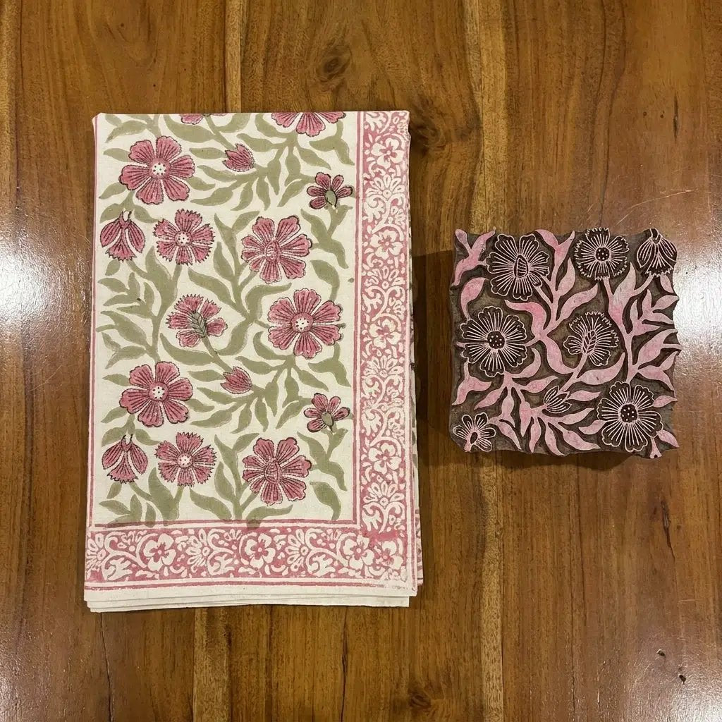 Dusty Rose & Sage Green All-Over Floral Table Linen Set – 13 Piece | Hand Block Printed Cotton | Runner, Placemats & Napkins by House Of Avana
