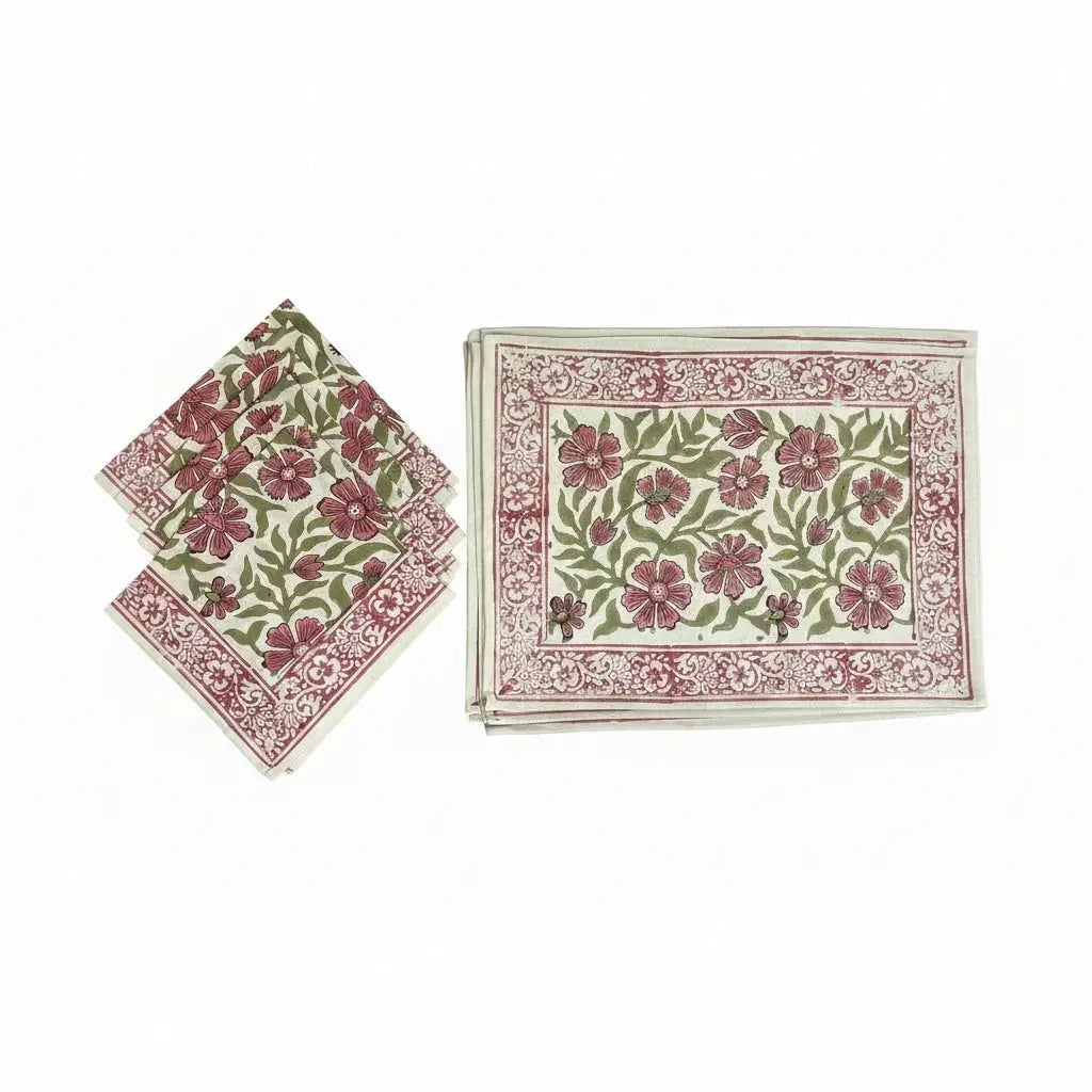 Dusty Rose & Sage Green All-Over Floral Table Linen Set – 13 Piece | Hand Block Printed Cotton | Runner, Placemats & Napkins by House Of Avana