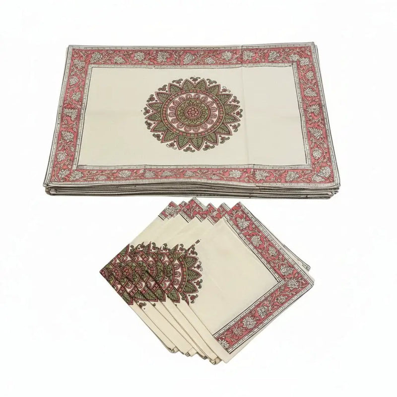 Dusty Rose & Sage Green Mandala Table Linen Set – 13 Piece | Hand Block Printed Cotton | Runner, Placemats & Napkins by House Of Avana