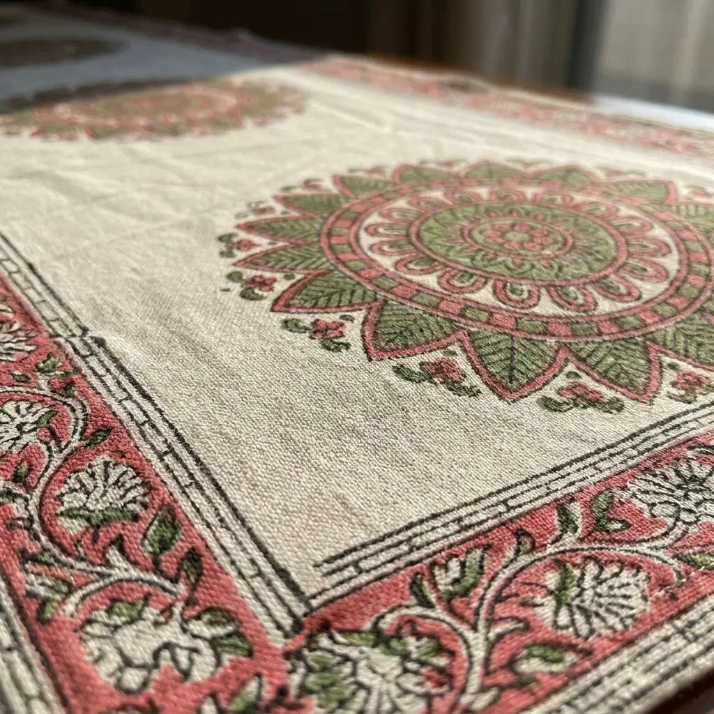 Dusty Rose & Sage Green Mandala Table Linen Set – 13 Piece | Hand Block Printed Cotton | Runner, Placemats & Napkins by House Of Avana