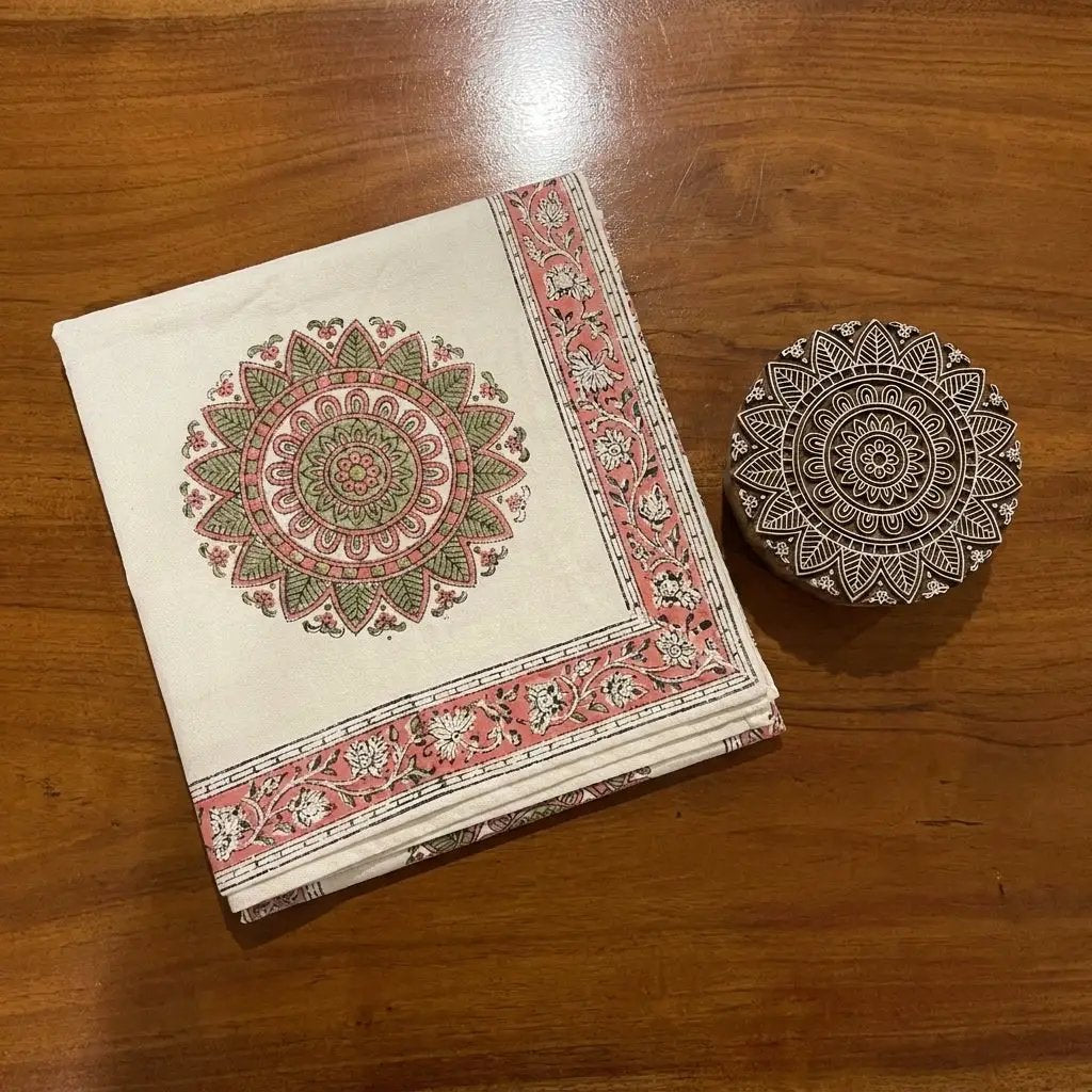 Dusty Rose & Sage Green Mandala Table Linen Set – 13 Piece | Hand Block Printed Cotton | Runner, Placemats & Napkins by House Of Avana