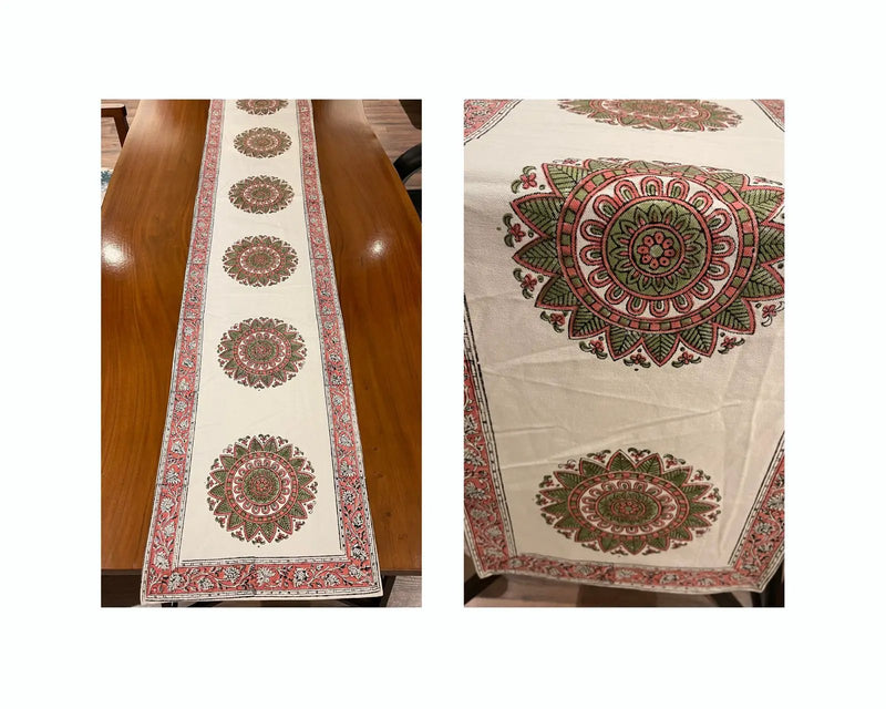 Dusty Rose & Sage Green Mandala Table Linen Set – 13 Piece | Hand Block Printed Cotton | Runner, Placemats & Napkins by House Of Avana