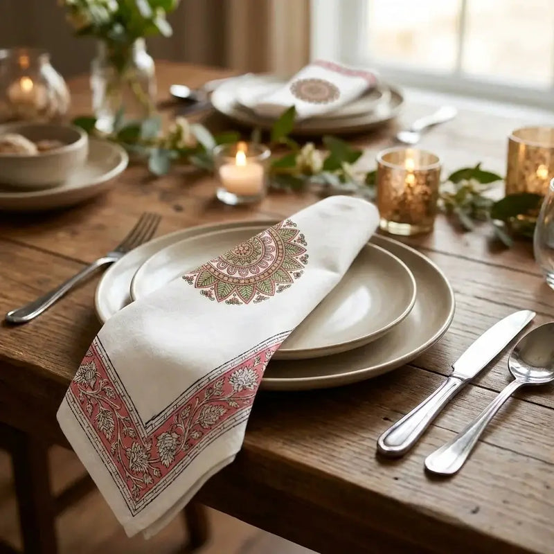 Dusty Rose & Sage Green Mandala Table Linen Set – 13 Piece | Hand Block Printed Cotton | Runner, Placemats & Napkins by House Of Avana