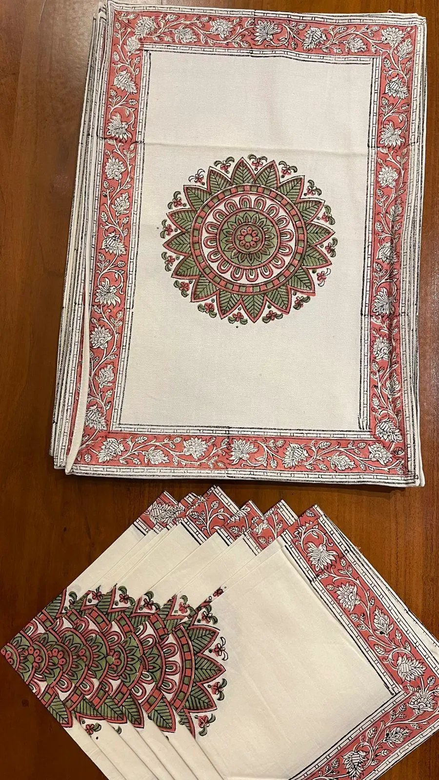 Dusty Rose & Sage Green Mandala Table Linen Set – 13 Piece | Hand Block Printed Cotton | Runner, Placemats & Napkins by House Of Avana