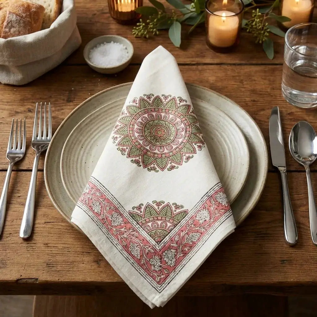 Dusty Rose & Sage Green Mandala Table Linen Set – 13 Piece | Hand Block Printed Cotton | Runner, Placemats & Napkins by House Of Avana