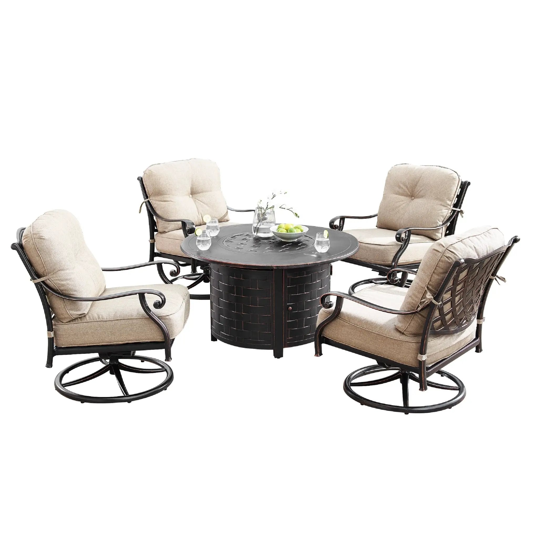 Aluminum 44-in Round Patio Fire Table Set with Swivel Rocking Chairs by Sharicks