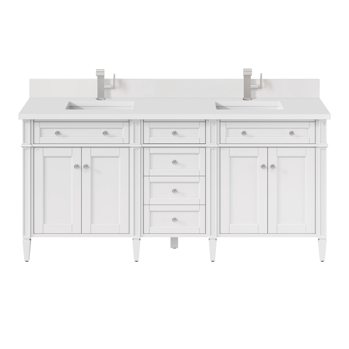 James Martin Brittany 72" Double Bathroom Vanity, Bright White with White Zeus (Single Hole, with Backsplash) countertop