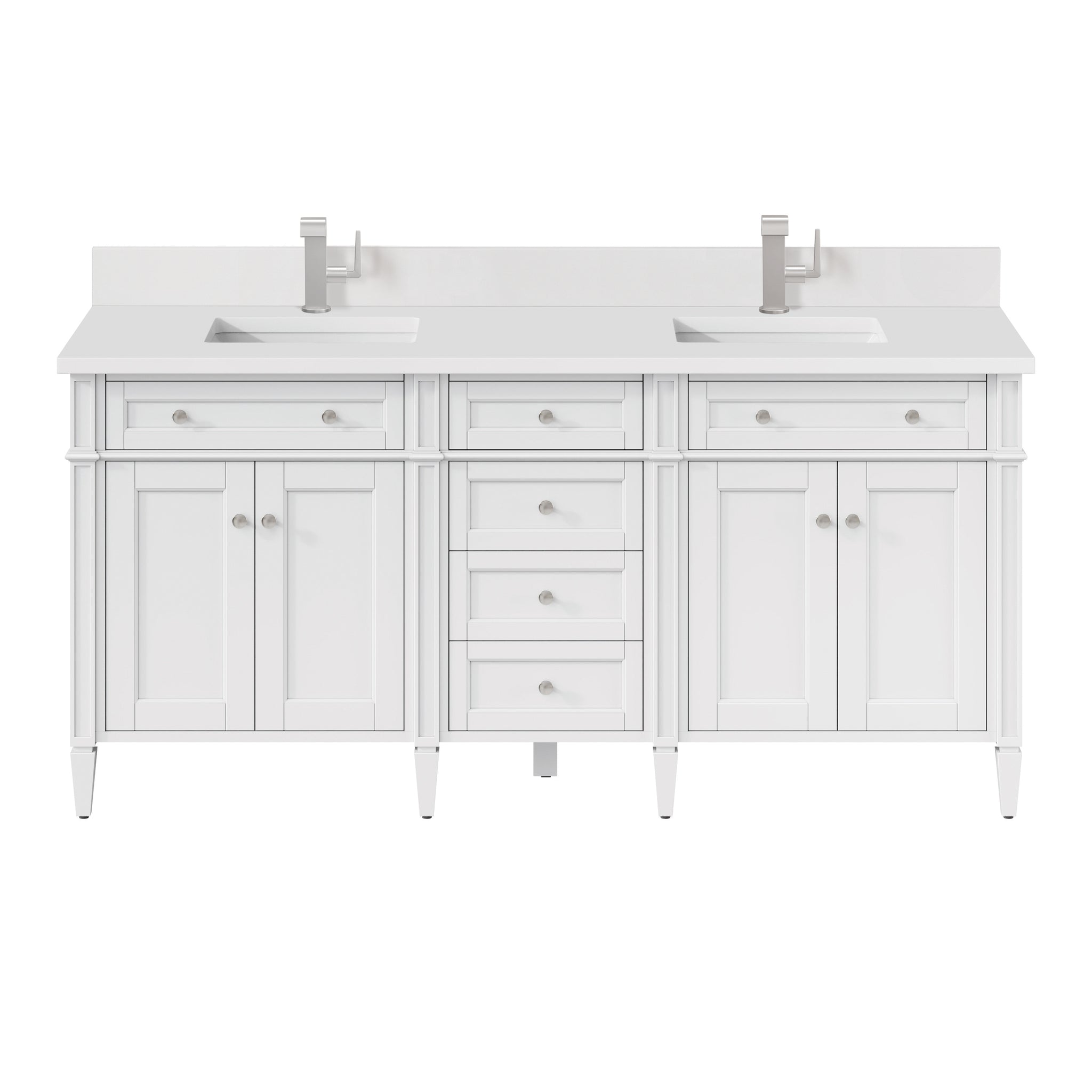 James Martin Brittany 72" Double Bathroom Vanity, Bright White with White Zeus (Single Hole, with Backsplash) countertop