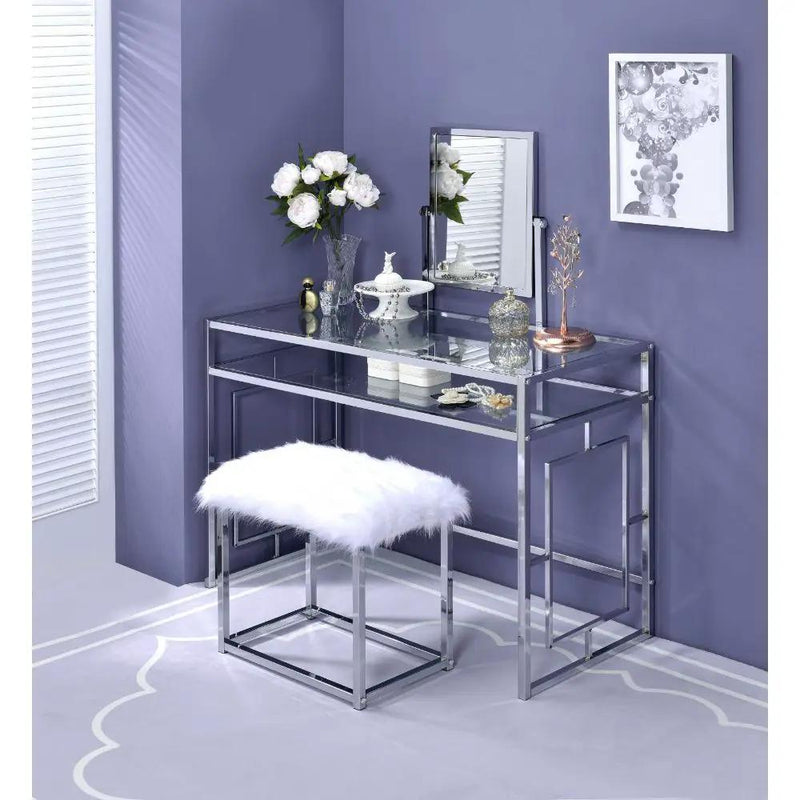 Carenze II - Vanity Set - White Faux Fur & Chrome by Unique Piece Furniture