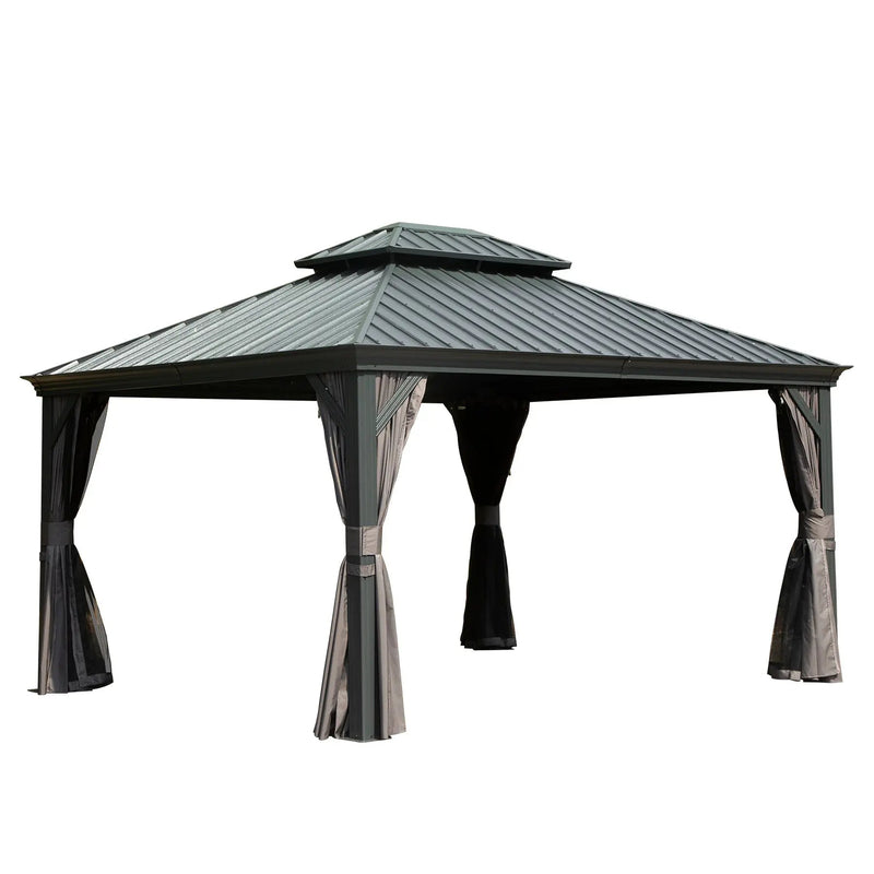 10' x 12' Hardtop Gazebo Outdoor Metal Gazebo with Galvanized Steel Double Roof Canopy, Aluminum Frame, Curtains and by HouseOfZazla